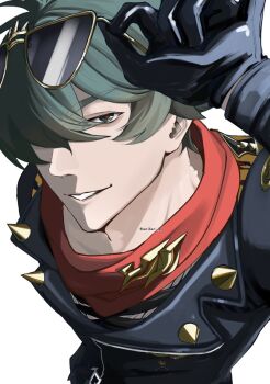 1boy adjusting_eyewear arm_up black_gloves black_jacket black_shirt commentary_request eyewear_on_head gloves green_eyes green_hair hair_over_one_eye highres jacket karikari_be leather leather_jacket lighter_(zenless_zone_zero) looking_at_viewer male_focus parted_lips red_pupils red_scarf scarf shirt short_hair shoulder_spikes simple_background solo spiked_jacket spikes studded_gloves sunglasses torn_clothes torn_shirt twitter_username upper_body white_background zenless_zone_zero