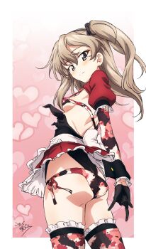 1girl ass black_gloves blonde_hair blush bra breasts brown_eyes camouflage camouflage_bra camouflage_panties camouflage_thighhighs closed_mouth erakin girls_und_panzer gloves hairband heart heart_background highres long_hair looking_at_viewer microskirt panties shimada_arisu side-tie_panties simple_background skirt small_breasts smile solo thighhighs underwear