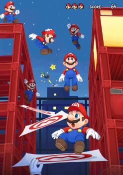 6+boys absurdres arm_up artist_name blue_eyes blue_overalls blue_shell_(mario) bouncing brown_hair brown_shoes building clone closed_eyes closed_mouth construction_site gloves green_hat green_shirt hand_on_headwear hat heads-up_display highres jumping luigi mario mario_(series) multiple_boys new_super_mario_bros. newsboy_cap nintendo open_mouth overalls red_hat red_shirt sasaki_sakiko shirt shoes short_hair sky standing star_(sky) star_(symbol) starry_sky super_star_(mario) trampoline twitter_username user_interface walking white_gloves