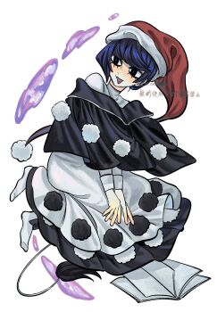 1girl black_capelet blob blue_hair book bow_legwear capelet doremy_sweet dream_world_(touhou) dress full_body hat highres kz_m_i legacy_of_lunatic_kingdom long_sleeves lower_eyelashes_only multicolored_dress nightcap nightgown pom_pom_(clothes) red_hat short_hair signature socks solo tail tapir_tail touhou triangle_mouth white_background white_socks