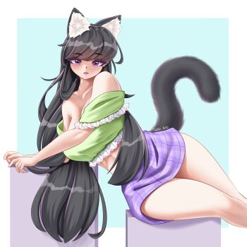 Rule 34 | absurdres, animal ears, black hair, breasts, cat ears, cat girl, cat tail, frills, highres, long bangs, long hair, looking at viewer, my little pony, my little pony: friendship is magic, octavia melody, open mouth, plaid clothes, plaid skirt, purple eyes, purple skirt, simple background, skirt, tail, takie arts, thick thighs, thighs, very long hair