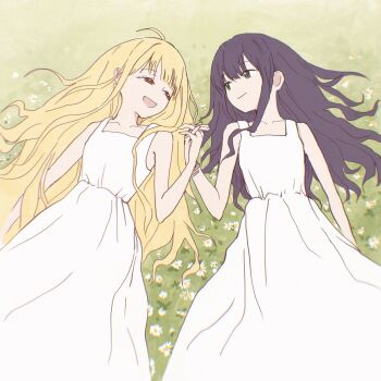 2girls :d bare_shoulders blonde_hair bracelet cho_kaguya-hime! dress emio feet_out_of_frame flower grass green_eyes hair_down hand_up hashtag-only_commentary highres holding_hands interlocked_fingers jewelry kaguya_(cho_kaguya-hime!) long_dress long_hair looking_at_another lying multiple_girls on_back on_grass on_ground open_mouth purple_hair sakayori_iroha sleeveless sleeveless_dress smile white_dress white_flower yuri
