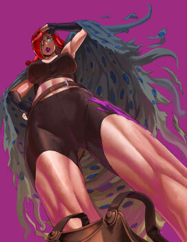 Rule 34 | 1girl, armor, belt, bike shorts, cape, commentary request, fangs, fingerless gloves, gloves, goggles, muscular, muscular female, nintendo, photoshop (medium), purple background, red hair, revision, sakamoto kengo, simple background, splatoon (series), splatoon 1, takozonesu, tentacle hair, tongue, tongue out