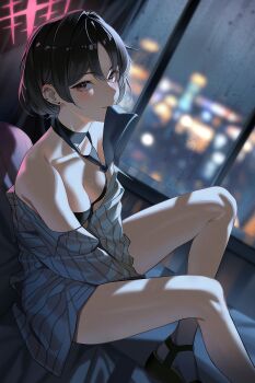 1girl absurdres atsuko_(blue_archive) atsuko_(swimsuit)_(blue_archive) bandeau barbell_piercing bikini bikini_under_clothes black_bandeau black_bikini black_choker black_necktie blue_archive choker dong_(art_woodong) ear_piercing from_side halo highres indoors industrial_piercing looking_at_viewer misaki_(blue_archive) misaki_(swimsuit)_(blue_archive) mouth_hold necktie official_alternate_costume piercing pinstripe_pattern pinstripe_shirt red_halo shirt sitting solo star_halo striped_clothes striped_shirt swimsuit vertical-striped_clothes vertical-striped_shirt