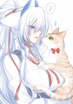 Rule 34 | !, 1girl, :d, animal ears, blue eyes, blue hair, blush, bow, breasts, cat, collared shirt, dated, ears down, female focus, fox ears, from side, green eyes, horns, konshin, large breasts, long hair, long sleeves, neck ribbon, open mouth, orie hakua, original, ponytail, red bow, red ribbon, ribbon, shirt, sideways mouth, signature, simple background, skirt, smile, solo, suspender skirt, suspenders, upper body, white background, wing collar