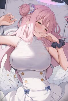 1girl angel_wings blue_archive blush breasts buttons commentary_request double-breasted dress hair_bun hair_ribbon halo hand_to_own_mouth head_on_pillow highres large_breasts long_hair looking_at_viewer low_wings lying maosame mika_(blue_archive) on_back on_bed pillow pink_hair purple_halo ribbon single_hair_bun sleeveless sleeveless_dress solo sweat white_dress white_ribbon white_wings wings yellow_eyes