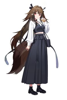 1girl absurdres animal_ears bag black_shoes black_skirt breasts brown_hair bubble_tea commentary english_commentary highres holding holding_bag horse_ears horse_girl horse_tail large_breasts long_hair midriff niji_(rudduf232) red_eyes shoes skirt solo tail ye_shunguang zenless_zone_zero