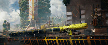 absurdres blue_sky building city cloud cloudy_sky commentary day english_commentary felixriano highres no_humans original outdoors plant railroad_tracks robot science_fiction sky solarpunk tower train