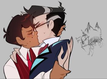 2boys alastor_(hazbin_hotel) alastor_(human)_(hazbin_hotel) animal_ears black_hat blue_suit blush bow bowtie brown_hair closed_eyes closed_mouth commentary dark-skinned_male dark_skin deer_ears english_commentary english_text formal_clothes grabbing_another's_hair grey_background hand_on_another's_shoulder hat hazbin_hotel hellaverse holding_another's_hair holding_hands kadeywadey10 kiss male_focus multicolored_hair multiple_boys necktie object_head official_alternate_costume raised_inner_eyebrows red_bow red_bowtie red_necktie short_hair standing suit top_hat two-tone_hair vox_(hazbin_hotel) vox_(human)_(hazbin_hotel) yaoi