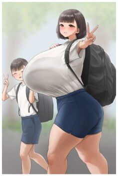 2girls absurdres backpack bag black_hair blue_shorts blush bob_cut bra_visible_through_clothes breasts brown_eyes closed_eyes deka_(deka_4242) flat_chest gigantic_breasts gym_uniform height_difference highres mole mole_under_eye multiple_girls open_mouth original outdoors shirt shirt_tucked_in short_hair shorts size_difference smile standing sweat t-shirt thick_thighs thighs v walking white_shirt