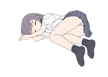 1girl ankle_socks black_socks blue_skirt closed_eyes full_body highres lying on_side original panties pantyshot pleated_skirt pop_(electromagneticwave) purple_hair shirt simple_background single_sidelock skirt sleeping socks solo thighs underwear white_background white_panties white_shirt