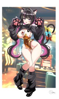 1girl absurdres alternate_costume animal_ear_fluff animal_ears animal_hands azki_(hololive) black_hair black_leg_warmers black_shoes black_shrug breasts cat_ears cat_girl cat_paws cat_tail cleavage colored_inner_hair commentary_request gold_leotard hair_ornament highres hololive inokeiwd large_breasts leg_warmers leotard looking_at_viewer mole mole_under_eye multicolored_hair open_mouth pink_hair pink_streaks shoes shrug_(clothing) smile solo streaked_hair tail virtual_youtuber x_hair_ornament