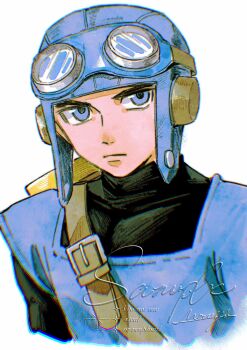 Rule 34 | 1boy, belt buckle, black bodysuit, blue eyes, blue hat, blue tunic, bodysuit, buckle, closed mouth, commentary, dragon quest, dragon quest ii, goggles, goggles on headwear, hat, highres, looking at viewer, male focus, mouyi, prince of lorasia, signature, solo, symbol-only commentary, tunic, turtleneck, turtleneck bodysuit, upper body, white background