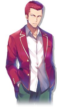 1boy advanced_nurturing_high_school_uniform blazer collared_shirt green_pants hands_in_pockets highres jacket long_sleeves looking_at_viewer male_focus official_art open_clothes open_jacket pants parted_lips red_hair red_jacket school_uniform shirt short_hair simple_background solo sudou_ken tomose_shunsaku transparent_background untucked_shirt white_shirt youkoso_jitsuryoku_shijou_shugi_no_kyoushitsu_e