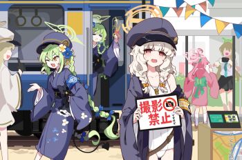 6+girls =_= ahoge aoba_(blue_archive) armband bare_shoulders belt blue_archive blue_armband blue_kimono bow braid covered_navel demon_girl demon_tail fang floral_print flower flower_print glint gloves green_hair green_halo grey_hair hair_between_eyes hair_bow hair_flower hair_ornament half-closed_eyes halo hand_up hat hikari_(blue_archive) holding holding_sign hoshino_(blue_archive) huge_ahoge ideolo japanese_clothes kimono loli long_hair long_sleeves looking_at_viewer multiple_girls nonomi_(blue_archive) nozomi_(blue_archive) obi obi_bow off_shoulder old_school_swimsuit one-piece_swimsuit one_eye_closed open_clothes open_kimono open_mouth peaked_cap pink_hair pink_halo pink_kimono pointy_ears ponytail red_eyes sash school_swimsuit sign skin_fang sleeves_past_wrists standing string_of_flags sweat swimsuit tail taking_picture train twin_braids twintails v very_long_hair whistle whistle_around_neck white_one-piece_swimsuit white_school_swimsuit wide_sleeves yellow_armband yellow_eyes yellow_halo