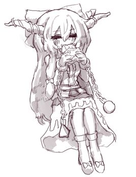 Rule 34 | 1girl, ball and chain restraint, blush, bow, burger, closed eyes, commentary, eating, facing viewer, food, hair bow, highres, holding, holding burger, holding food, horn ornament, horn ribbon, horns, ibuki suika, korean commentary, long hair, oni, rampa93, ribbon, shirt, shoes, skirt, socks, solo, touhou, very long hair
