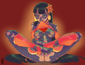1girl barefoot black_hair blunt_bangs bodypaint bottomless breasts chel_(el_dorado) choker clitoral_hood clothes_lift commentary detached_leggings detached_sleeves dia_de_muertos earrings english_commentary facepaint feet_up female_pubic_hair flower full_body gold_choker gold_earrings hair_flower hair_ornament highres jewelry kumbhker lips long_hair looking_at_viewer medium_breasts mexico mouth_hold nipples orange_eyes orange_socks orange_tube_top photoshop_(medium) pubic_hair pubic_stubble pussy raised_eyebrow sitting skeleton_costume socks solo spread_legs straight_hair strapless the_road_to_el_dorado toes tube_top tube_top_lift uncensored wide_spread_legs