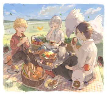 1girl 2boys ambrosia_(ff16) apple black_hair black_pants blonde_hair blue_eyes border bread brothers bug butterfly child chocobo clive_rosfield closed_eyes cloud cloudy_sky collared_shirt commentary_request creature eating falling_leaves final_fantasy final_fantasy_xvi food fruit full_body grapes grey_hair grey_skirt hair_between_eyes hand_to_own_mouth holding holding_food holding_sandwich hood hood_down hooded_jacket insect j2_path jacket jill_warrick joshua_rosfield laughing leaf loaf_of_bread long_shirt looking_at_another moogle multiple_boys open_mouth outdoors pants picnic picnic_basket red_jacket red_socks sandwich shirt shoes short_hair siblings sitting skirt sky smile socks torgal_(ff16) unworn_shoes white_border white_shirt wolf yellow_butterfly