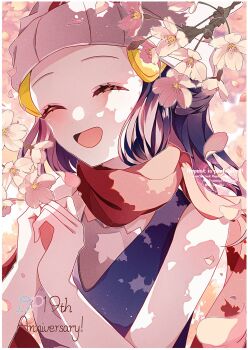 Rule 34 | 1girl, beanie, black hair, blue hair, blush, cherry blossoms, closed eyes, dawn (pokemon), facing viewer, hair ornament, hairclip, hat, highres, long hair, looking at viewer, nintendo, open mouth, petals, pokemon, pokemon dppt, red scarf, scarf, shirt, sleeveless, smile, solo, to camellia, tree, upper body, white hat