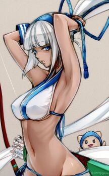 1girl armpits arms_behind_head arrow_(projectile) blue_eyes bow_(weapon) breasts cleavage dark-skinned_female dark_skin half-closed_eyes highres kininaljaguar large_breasts looking_at_viewer majikina_mina navel parted_lips samurai_spirits sarong seductive_gaze sideboob tagme teeth weapon