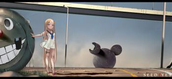 Rule 34 | 1girl, abigail williams (fate), black bow, blonde hair, blue eyes, blue sky, blush, bow, breasts, dress, fate/grand order, fate (series), forehead, hair bow, keyhole, long hair, looking at viewer, multiple bows, neckerchief, orange bow, parted bangs, road, sailor collar, short dress, sky, small breasts, solo, viola (seed), white dress