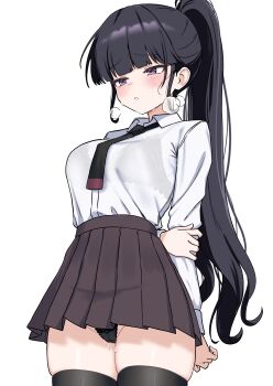 1girl absurdres arm_behind_back black_bra black_hair black_necktie black_panties black_skirt black_thighhighs blunt_bangs blush bra bra_visible_through_clothes breasts cameltoe collared_shirt commission cowboy_shot high-waist_skirt highres lace lace-trimmed_bra lace-trimmed_panties lace_trim long_hair long_sleeves medium_breasts miniskirt necktie oldsickkim original panties parted_lips pleated_skirt ponytail purple_eyes pussy_juice school_uniform shirt shirt_tucked_in sidelocks simple_background skindentation skirt solo thighhighs thighs underwear very_long_hair white_background white_shirt