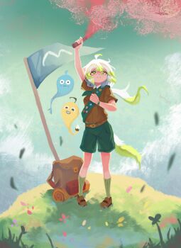 3girls absurdres ahoge animal_ears backpack bag dooby ferret_ears ferret_girl ferret_tail flag flare ghost gradient_hair gradient_tail grass green_eyes green_hair green_socks green_tail hair_between_eyes highres indie_virtual_youtuber laimu_(vtuber) merit_badge_sash mountain mouse_girl multicolored_hair multicolored_tail multiple_girls peak_(game) sameko_saba scout_uniform shark_girl shirt shoes shorts socks t-shirt tail two-tone_hair two-tone_tail vinesauce virtual_youtuber vonv_(sejvon) white_hair white_tail wristband