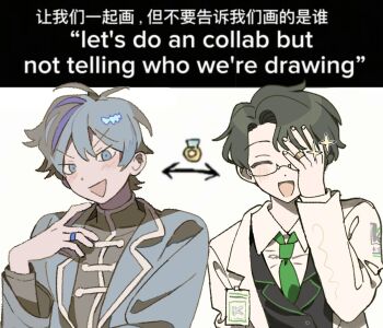 Rule 34 | 2boys, artist collaboration, bakori514 (h akka), blue eyes, blue hair, blue jacket, closed eyes, coat, collared shirt, commentary request, dongrang (project moon), green necktie, hand up, highres, id card, jacket, jewelry, lab coat, lapels, limbus company, multiple boys, necktie, notched lapels, open mouth, project moon, ring, shi huazhen (project moon), shirt, smile, sparkle, test169996, white coat, white shirt, white trim
