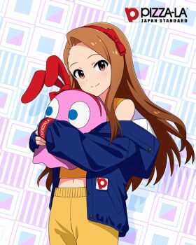 1girl brown_hair buttons card_(medium) english_text forehead hairband holding idolmaster idolmaster_million_live! idolmaster_million_live!_theater_days jacket minase_iori navel off_shoulder official_art pac-man_(game) pinky_(pac-man) rabbit_ears red_eyes smile