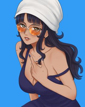 1girl absurdres artist_name black_hair blue_background blue_dress blue_nails blunt_bangs commentary dress ghostieleeghost hat highres long_hair looking_at_viewer mole mole_on_arm mole_on_hand mole_under_eye mole_under_mouth nico_robin one_piece orange-tinted_eyewear sidelocks simple_background smile solo sunglasses tinted_eyewear white_hat