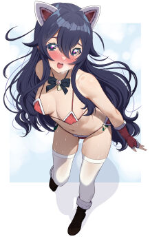 1girl :d absurdres akihiro0920 animal_ears bikini black_hair black_shoes blue_eyes blush breasts cat_ears christmas commentary_request hair_between_eyes heart heart-shaped_pupils highres kimi_no_koto_ga_dai_dai_dai_dai_daisuki_na_100-nin_no_kanojo long_hair looking_at_viewer micro_bikini navel open_mouth paid_reward_available santa_bikini santa_costume shadow shoes sidelocks simple_background small_breasts smile socks solo standing swimsuit symbol-shaped_pupils teeth upper_teeth_only white_socks yoshimoto_shizuka
