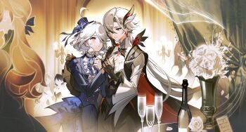 Rule 34 | 2girls, absurdres, ahoge, arlecchino (genshin fes 2026) (genshin impact), arlecchino (genshin impact), black gloves, black pants, blue eyes, blue hat, blue jacket, bottle, champagne flute, chinese commentary, commentary, cup, drinking glass, flower, furina (genshin impact), genshin impact, gloves, hat, highres, holding hands, jacket, long hair, looking at another, low ponytail, mie xing, multiple girls, pants, ponytail, red eyes, rose, white flower, white hair, white rose, wine bottle, yuri