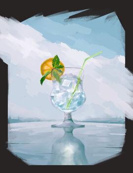absurdres cup drink drinking_glass drinking_straw food fruit highres ice ice_cube lemon lemon_slice no_humans original qingli_ye reflective_surface soda still_life