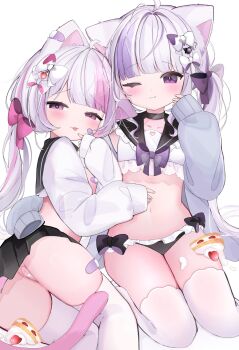 2girls animal_ears bandaid bandaid_on_ear bandaid_on_face bandaid_on_leg bandaid_on_pussy bandaids_on_nipples black_choker cake choker food fruit highres loli multicolored_hair multiple_girls nocchi_(r_ws2l) original pasties pink_ribbon purple_eyes purple_ribbon ribbon skirt stomach strawberry strawberry_shortcake streaked_hair tail thighhighs thighs underwear white_hair white_ribbon white_thighhighs