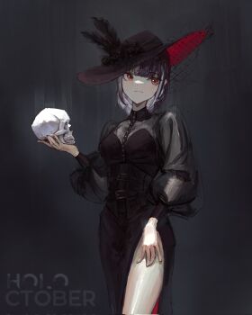 black_background black_dress black_hat breasts closed_mouth dress english_text formal_clothes hat hat_feather hat_ornament highres holding holding_skull hololive hololive_english looking_to_the_side medium_breasts multicolored_hair shiori_novella skull tablicoart