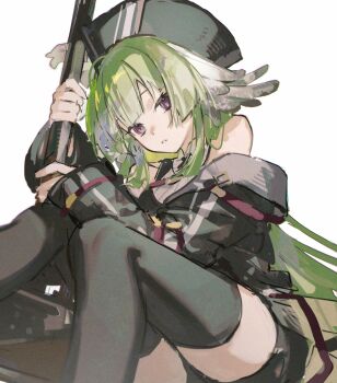 1girl arknights bare_shoulders bird_girl black_hat black_romper black_thighhighs cg_gs6 commentary_request feather_hair feathers green_hair hammer hat hat_feather head_wings highres holding holding_hammer long_hair looking_at_viewer parted_lips poncirus_(arknights) purple_eyes romper simple_background sledgehammer sleeveless solo thighhighs white_background white_feathers wings