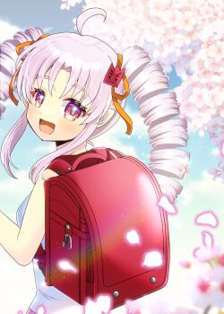 Rule 34 | 1girl, :d, ahoge, backpack, bag, bare shoulders, blue sky, cloud, commentary request, day, dress, drill hair, fang, flower, from behind, grey hair, kou hiyoyo, long hair, looking at viewer, looking back, open mouth, outdoors, parted bangs, petals, randoseru, red eyes, sky, sleeveless, sleeveless dress, smile, solo, tsuina-chan, twin drills, twintails, voiceroid, white dress, white flower