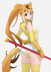 Rule 34 | 1girl, :/, arm at side, ass, bo staff, breasts, brown eyes, brown hair, circlet, closed mouth, elbow gloves, gloves, golden snub-nosed monkey (kemono friends), gradient hair, hair ears, hand on own hip, highres, holding, holding polearm, holding weapon, kemono friends, leotard, long hair, looking at viewer, looking to the side, medium breasts, microskirt, monkey girl, monkey tail, multicolored hair, orange hair, pleated skirt, polearm, simple background, skirt, solo, standing, tail, tanabe (fueisei), taut clothes, taut leotard, thighhighs, very long hair, weapon, white background, white skirt