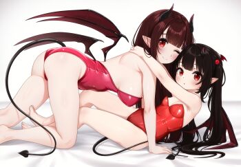 2girls :o absurdres all_fours ass bare_legs barefoot black_hair black_horns black_tail breasts closed_mouth commentary comodox demon_girl demon_horns demon_tail demon_wings english_commentary from_side hair_bobbles hair_ornament highleg highleg_leotard highres horns hug large_breasts large_variant_set leotard lilly_(comodox) long_hair looking_at_viewer lulla_(comodox) lying mother_and_daughter multiple_girls on_back one_eye_closed original paid_reward_available parted_lips pointy_ears red_eyes red_hair red_horns red_leotard red_wings small_breasts smile strapless strapless_leotard tail toes twintails variant_set wings