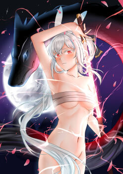 animal_ears armpits bare_stomach cherry_blossoms convenient_censoring dragon drawing_sword eastern_dragon falling_petals gars2233 glowing glowing_eyes hair_ribbon holding holding_sword holding_weapon len_(maplestory) long_hair maplestory midriff petals ponytail rabbit_ears red_eyes ribbon sarashi scales sword weapon white_hair