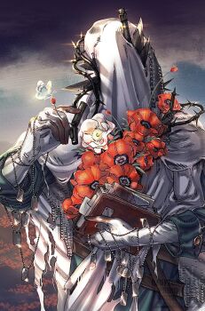 1boy blue_coat bug bullet butterfly charon_(reverse:1999) cloud cloudy_sky coat covered_face dog_tags flower gloves highres holding holding_bullet holding_dog_tags holding_notebook i_(220_i_284) insect male_focus notebook poppy_(flower) red_flower reverse:1999 sky solo thorns upper_body veil white_butterfly white_flower white_gloves white_veil