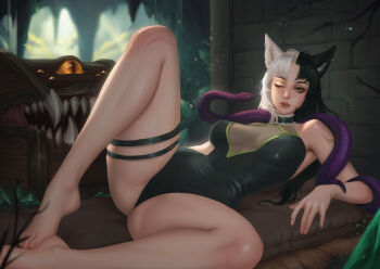 1girl animal_ears barefoot black_hair breasts breasts_apart green_eyes large_breasts leotard lips long_hair looking_at_viewer mimic mimic_chest multicolored_hair nebula_(neebulaart) one_eye_closed original see-through_clothes see-through_leotard snake solo split-color_hair spread_legs thigh_strap two-tone_hair white_hair