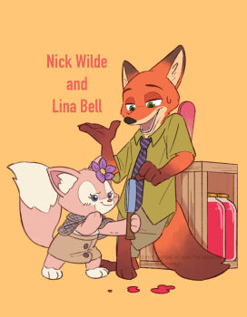 1boy 1girl animal_ears commentary_request company_connection crossover duffy_and_friends fox fox_ears fox_girl fox_tail full_body furry furry_female furry_male green_eyes highres linabell looking_at_viewer nick_wilde shirt smile species_connection standing tail takatmaorange zootopia