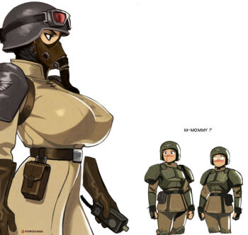 1girl 2boys armageddon_steel_legion armor aroused_nosebleed astra_militarum belt belt_pouch blood blush breasts brown_belt brown_gloves cadian_shock_troops coat collared_coat gas_mask gloves goggles goggles_on_headwear helmet imperium_of_man large_breasts mask multiple_boys nosebleed peppertama pouch shoulder_armor soldier warhammer_40k white_background yellow_coat