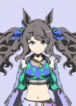 1girl animal_ears argyle_clothes argyle_shirt bandeau belt blue_eyes breasts brown_hair closed_mouth collar crop_top cropped_jacket fishnet_top fishnets highres horse_ears horse_girl jacket jewelry long_hair long_sleeves looking_at_viewer medium_breasts midriff navel purple_belt purple_collar simple_background solo striped_bandeau tosen_jordan_(jokester_vibes)_(umamusume) tosen_jordan_(umamusume) twintails umamusume zukki_(bijitaru)