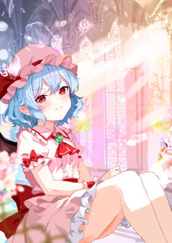 1girl absurdres ascot bat_wings blue_hair bow broken_glass closed_mouth collared_shirt commentary_request frilled_shirt_collar frilled_skirt frills glass hat hat_ribbon highres ibushi_roun mob_cap pink_hat pink_shirt pink_skirt pointy_ears puffy_short_sleeves puffy_sleeves red_ascot red_bow red_eyes remilia_scarlet ribbon shirt short_sleeves skirt sleeve_bow solo touhou wings wrist_cuffs