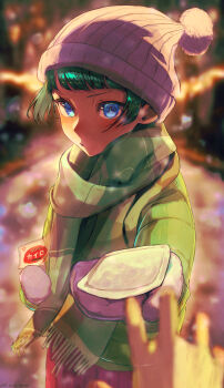 Rule 34 | 1girl, absurdres, beanie, blue eyes, commentary request, contemporary, hat, heat pad, highres, inoshishi969, jacket, kusuriya no hitorigoto, looking at viewer, maomao (kusuriya no hitorigoto), mittens, outdoors, pov, scarf