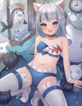 1girl ahoge analog_clock animal_ears armpit_crease bare_shoulders bed bloop_(gawr_gura) blue_hair blue_panties body_bridge bra cameltoe cat_ears choker clock commentary_request female_focus fins fish_tail gawr_gura grey_hair highres hololive hololive_english loli looking_at_viewer medium_hair multicolored_hair navel nekopurin_(nyanko_prin) on_bed open_mouth panties shark_tail smile solo stomach streaked_hair stuffed_toy tail thighhighs tissue_box two_side_up underwear virtual_youtuber wall_clock white_thighhighs wrist_cuffs