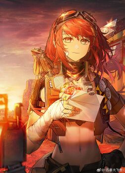 1girl absurdres alanna_(arknights) animal animal_on_shoulder arknights baimudafeiyu bandaged_arm bandages chinese_commentary closed_mouth commentary_request crop_top day evening goggles goggles_on_head highres holding holding_letter letter long_hair looking_at_viewer midriff navel outdoors red_hair smile solar_panel solo sunlight watermark weibo_watermark wind yellow_eyes