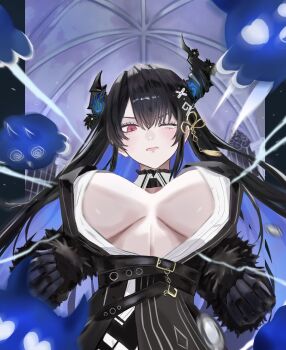 1girl absurdres asymmetrical_horns belt black_gloves black_hair blue_hair breast_expansion breasts breasts_apart breasts_out bursting_breasts clenched_hands closed_mouth colored_inner_hair commentary demon_horns dhbwinner feather-trimmed_jacket flower flying_button gloves hair_ornament highres hololive hololive_english horn_flower horns huge_breasts jailbird_(nerissa_ravencroft) light_blush lips long_hair long_sleeves looking_at_viewer mole mole_under_eye motion_lines multicolored_hair nerissa_ravencroft nerissa_ravencroft_(1st_costume) one_eye_closed open_clothes popped_button red_eyes ribbed_shirt shirt solo tassel tassel_hair_ornament underboob uneven_horns upper_body virtual_youtuber white_shirt